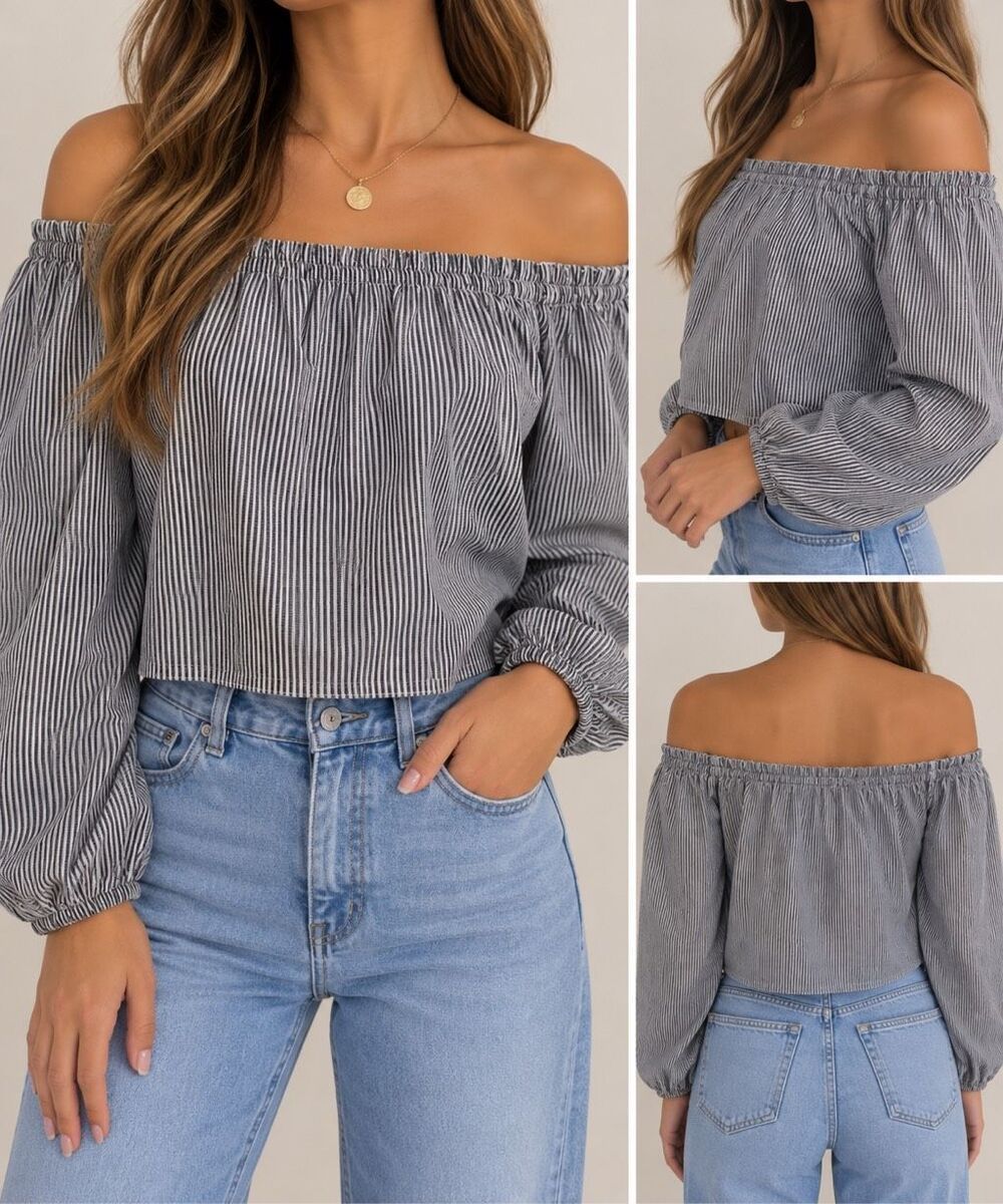 Brandy Melville Pinstripe Off Shoulder Top Black White Long Sleeve